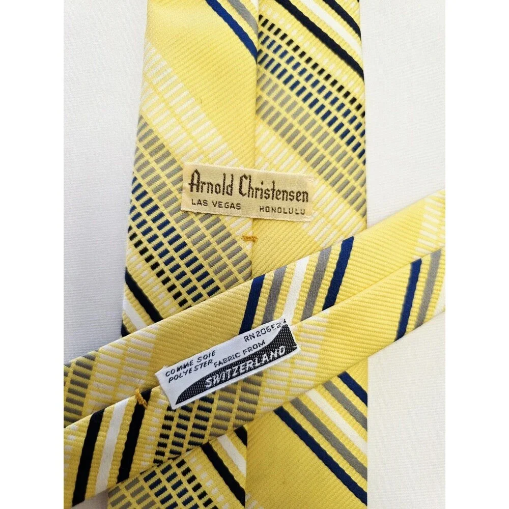 Arnold Christensen Polyester Woven Striped Tie Yellow Blue White Gray Men